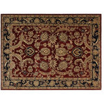 Bareens Designer Rugs - Oriental Ziegler Dia Red Blue Hand-Knotted Wool Rug - 6'2'' x 8'8'' - Enhance the ambiance of your home with this magnificent Persian-influenced Turkish hand-knotted rug made by skilled artisans capable of creating the most exceptional vegetable dyes and hand-spun wool. This exquisite handmade rug is a one-of-a-kind Peshawar Kafkaz, otherwise identified as Chobi, Chobi Peshawar, Oushak, or Ziegler rug. These handmade rugs are crafted in Pakistan utilizing superior-quality wool imported from Australia, New Zealand, and Korea in two types of weaves: the Persian weave and the Mori weave. This rug is meticulously crafted by hand using the finest natural vegetable dyes extracted from local plants. The artisans use a blend of hand-spun local and fine merino wool, resulting in a rug with a compelling texture, higher lanolin content, and longer staple. The artisans occasionally incorporate natural or artificial silk into the pile to enhance specific motifs. The finished product is an awe-inspiring execution of flawless design and an understated palette that exudes elegance.