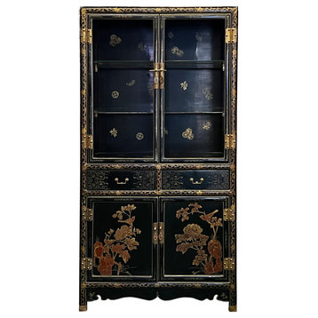 Chinoiseries Black Golden Graphic Glass Display Bookcase Curio Cabinet cs7568