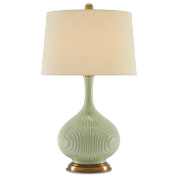 Cait 1 Light Table Lamps in Grass Green/Antique Brass With Tan Sand Linen Shade