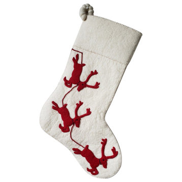 Red Reindeer on Cream Christmas Stocking
