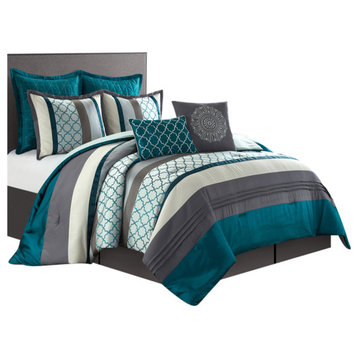 Avalon 8-Piece Bedding Comforter Set, Teal/Grey, Queen