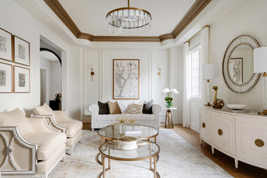 Inspiration for a mid-sized transitional enclosed medium tone wood floor, wall paneling, brown floor and tray ceiling living room remodel in Toronto with white walls