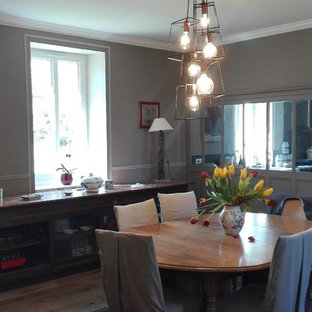 ブレストの広いトランジショナルスタイルのLDKの画像 (グレーの壁、淡色無垢フローリング、薪ストーブ、木材の暖炉まわり、茶色い床)