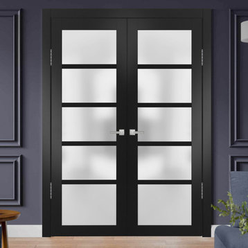 Solid French Double Doors 48 x 80 Frosted Glass, Quadro 4002 Matte Black