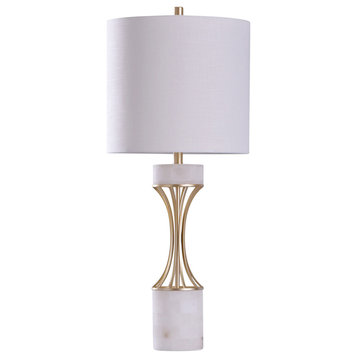 Abyaz Concave Metal Table Lamp, Gold Finish With White Marble and White Shade