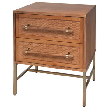 Nightstand, 2 Rattan Front Drawers & Gold Accented Elongated Pulls, Light Blonde