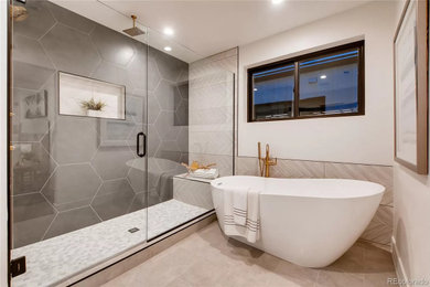 Bathroom - large modern master black tile ceramic tile and wainscoting bathroom idea in Denver