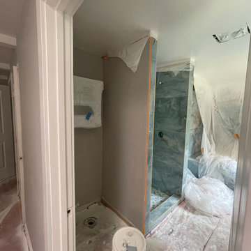 Bathroom Remodel; Huge Blue Tiles; Luxury shower and tub