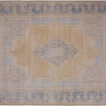 Bareens Designer Rugs - Antique Vintage Distressed Stull Brown/Blue Wool Rug  - 9'8" x 12'11" - A mesmerizing addition to any decor, this brand-new hand knotted vintage wool rug featuring vibrant colors and a traditional design is made by skilled artisans capable of creating the most exceptional Persian knotted rugs. Harnessing the natural energy of the sun, each rug is organically neutralized from its original color, distressed and then saturated in an infusion of a bold vibrant color pallet to give it a fresh perspective and modern appeal. This masterpiece draws its inspiration from traditional and timeless rug designs, which provides both harmony and contrast bringing a phenomenal twist in any decor. An intricate design and exquisite coloration make this wool rug a standout piece for any room.