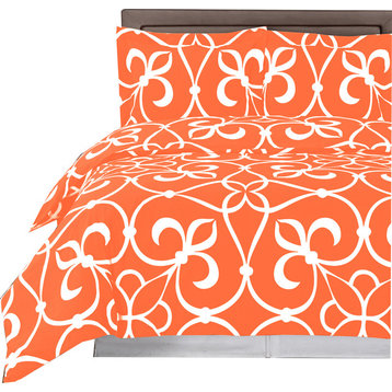 Floral Victoria 100% Cotton Duvet Cover Set, Tangerine and White, Full/Queen