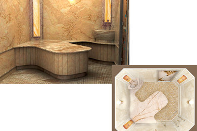 Diseño de cuarto de baño asiático pequeño con ducha abierta, baldosas y/o azulejos beige, baldosas y/o azulejos de mármol, paredes beige, suelo de mármol, lavabo con pedestal, encimera de mármol, suelo beige, ducha abierta y encimeras beige