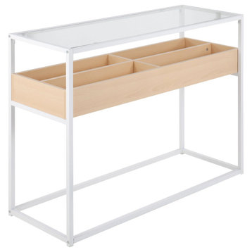 Display Console Table, White Steel, Natural Wood, Clear Glass