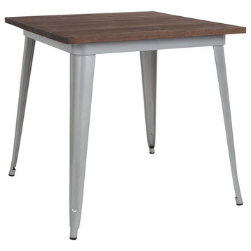 31.5" Square Silver Metal Indoor Table With Walnut Rustic Wood Top