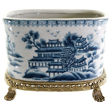Crackle Blue and White Willow, Porcelain Flower Pot, Brass Ormolu, 7.5"