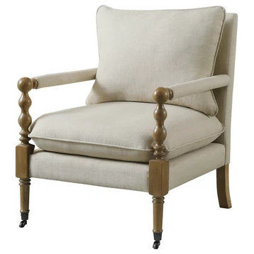 Traditional Accent Chair, Comfortable Beige Fabric Seat, Unique Carved Details