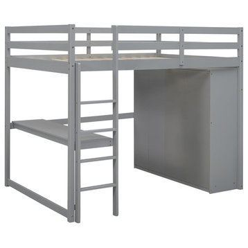 Modern Full Size Loft Bed, Built, Spacious Wardrobe and Integrated Desk, Gray