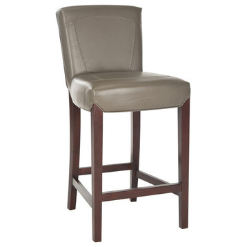 Transitional Bar Stool, Cherry Mahogany Finished Base and Clay Faux Leather Seat