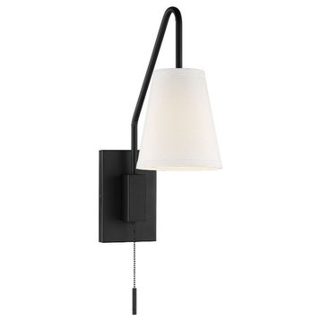 1-Light Bohemian Metal Adjustable Wall Sconce in Matte Black White Fabric Shade