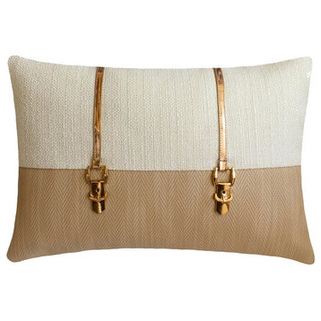 Beige Faux Leather 12"x24" Lumbar Pillow Cover Buckle, Chevron - Buckle Up