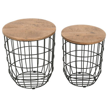 Nested Storage Solid Wood and Metal Basket End Tables (Set of 2)