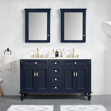 Solid Wood Bathroom Vanity with Quartz Top and cUPC Certified Sink, Navy Blue, 60 Inch