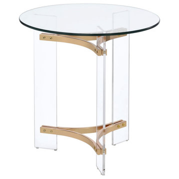 Elegant Side Table, Acrylic Legs With Golden Accents & Round Clear Glass Top