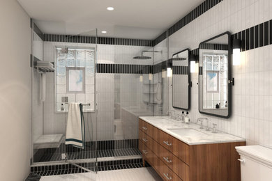 Small trendy master white tile and porcelain tile mosaic tile floor, black floor and double-sink bathroom photo in Chicago with furniture-like cabinets, brown cabinets, a one-piece toilet, white walls, a drop-in sink, quartzite countertops, a hinged shower door, white countertops and a freestanding vanity