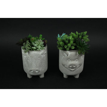 Set of 2 Natural Gray Barnyard Animal Design Concrete Planters Cow and Pig