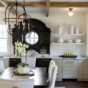 Reclaimed Wood Box Beams in a Scandinavian Dining Room with Dark Hutch