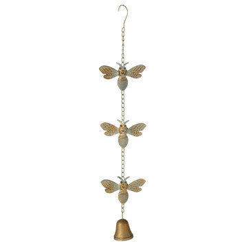 Patina Golden Bees with Bell Wind Chime 25 Inches Metal