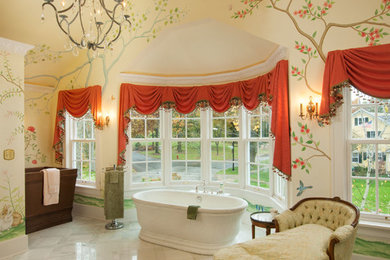 Bathroom - mid-sized traditional master porcelain tile bathroom idea in Cleveland with a one-piece toilet, beige walls and a drop-in sink