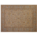 Bareens Designer Rugs - Bohemien Ziegler Avril Gray Blue Hand-Knotted Wool Rug - 10'2'' x 13'8'' - Enhance the ambiance of your home with this magnificent Persian-influenced Turkish hand-knotted rug made by skilled artisans capable of creating the most exceptional vegetable dyes and hand-spun wool. This exquisite handmade rug is a one-of-a-kind Peshawar Kafkaz, otherwise identified as Chobi, Chobi Peshawar, Oushak, or Ziegler rug. These handmade rugs are crafted in Pakistan utilizing superior-quality wool imported from Australia, New Zealand, and Korea in two types of weaves: the Persian weave and the Mori weave. This rug is meticulously crafted by hand using the finest natural vegetable dyes extracted from local plants. The artisans use a blend of hand-spun local and fine merino wool, resulting in a rug with a compelling texture, higher lanolin content, and longer staple. The artisans occasionally incorporate natural or artificial silk into the pile to enhance specific motifs. The finished product is an awe-inspiring execution of flawless design and an understated palette that exudes elegance.