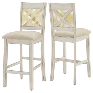 Auman Cane X-Back Counter Height Chair (Set of 2), Antique White Finish