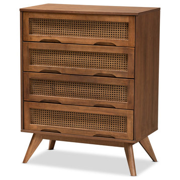 Barrett Mid-Century Brown Finished Wood and Synthetic Rattan 4-Drawer Chest