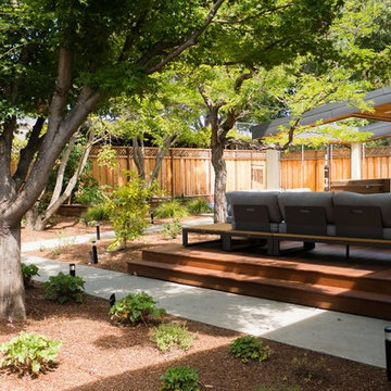 Backyard with pond and sport court