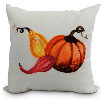 Gourd Pile Fall Print Outdoor Decorative Throw Pillow, Cream, 16"