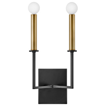 Lark Lazlo 15.25" Two Light Tall Wall Sconce, Black + Lacquered Brass