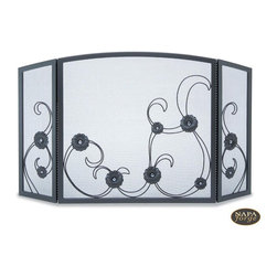 Forged Sunflower Scroll Tri Panel Screen in Black - Fireplace Accessories