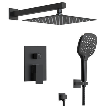 Rain Shower System 10"Wall Mount Shower Head with 3 Setting Handheld Shower Set, Matte Black