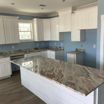 Fantasy Brown Dolomite Kitchen Countertops - Blue Kitchen + Shiplap Island