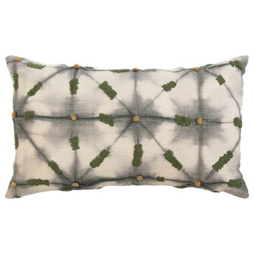 Linen Printed Lumbar Pillow with Hand-Embroidery and Chambray Back, Multicolor