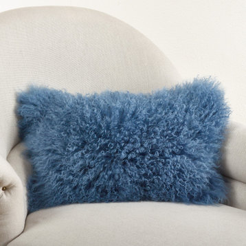Mongolian Lamb Fur Poly Filled Throw Pillow, Blue-Grey, 12"x20"