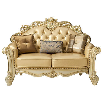 Traditional Loveseat, Faux Leather Seat With Unique Crown & Carved Details, Gold