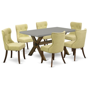 East West Furniture X-Style 7-piece Wood Dining Set with Fabric Seat in Brown