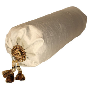 Velvet Bolster Round Roll Pillow With Tassel Trim, Offwhite, 8x21