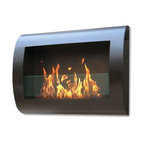 Chelsea Indoor Wall Mount Fireplace, Black Coated Metal With Glass Inserts