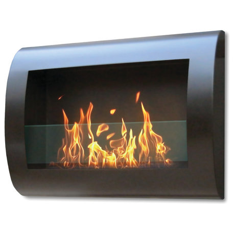 Chelsea Indoor Wall Mount Fireplace, Black Coated Metal With Glass Inserts