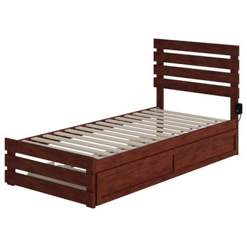Twin Platform Bed With Trundle, Hardwood Frame With Slatted Headboard, Walnut