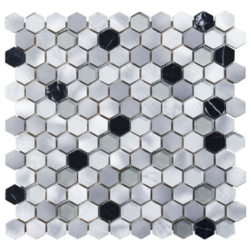 Modket White Calacatta Black Marble Gray Glass Metal Hexagon Backsplash TDH46MDR