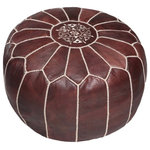 Moroccan Buzz - Brown Moroccan Leather Pouf Ottoman, Stuffed - Ours is a premium version of the Moroccan leather pouf: heavier, more durable, and crafted of premium materials and handmade charm. The Moroccan Buzz label is assurance that your pouf has been responsibly sourced from select Moroccan artisans who consistently meet our specifications for leather quality, stitching quality and detail, zipper weight, and more. Densely hand-stuffed with cotton batting, this pouf is firmer and more durable as our filling does not break down as quickly as synthetic filling used in other poufs. Each pouf is unique, with subtle variations inherent in authentic handcrafted products. Perfect as a footstool/ottoman, extra seating or decor accent in living room, family room, nusery, playroom and more. Measures approximately 20" diameter and 13.5" high. Bottom zipper. Cleaning: use mild leather cleaner when needed.
